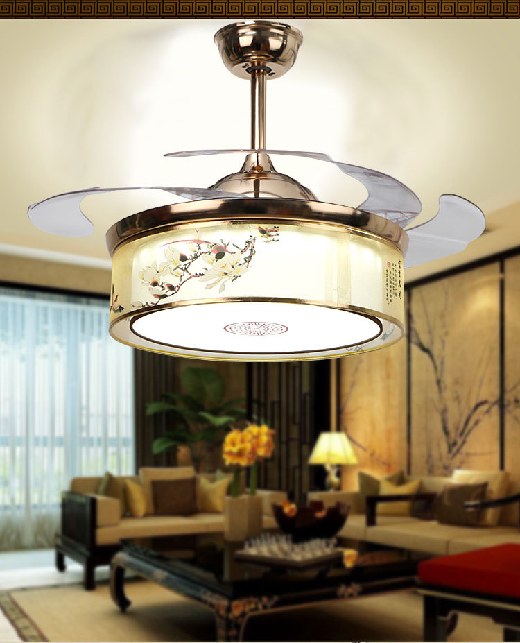 新中式LED遙控隱形風(fēng)扇燈客廳臥室餐廳吸頂?shù)跎葻魞和{(lán)牙電吊扇